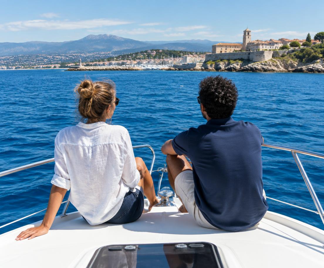 Young crew looking toward Antibes from a yacht bow