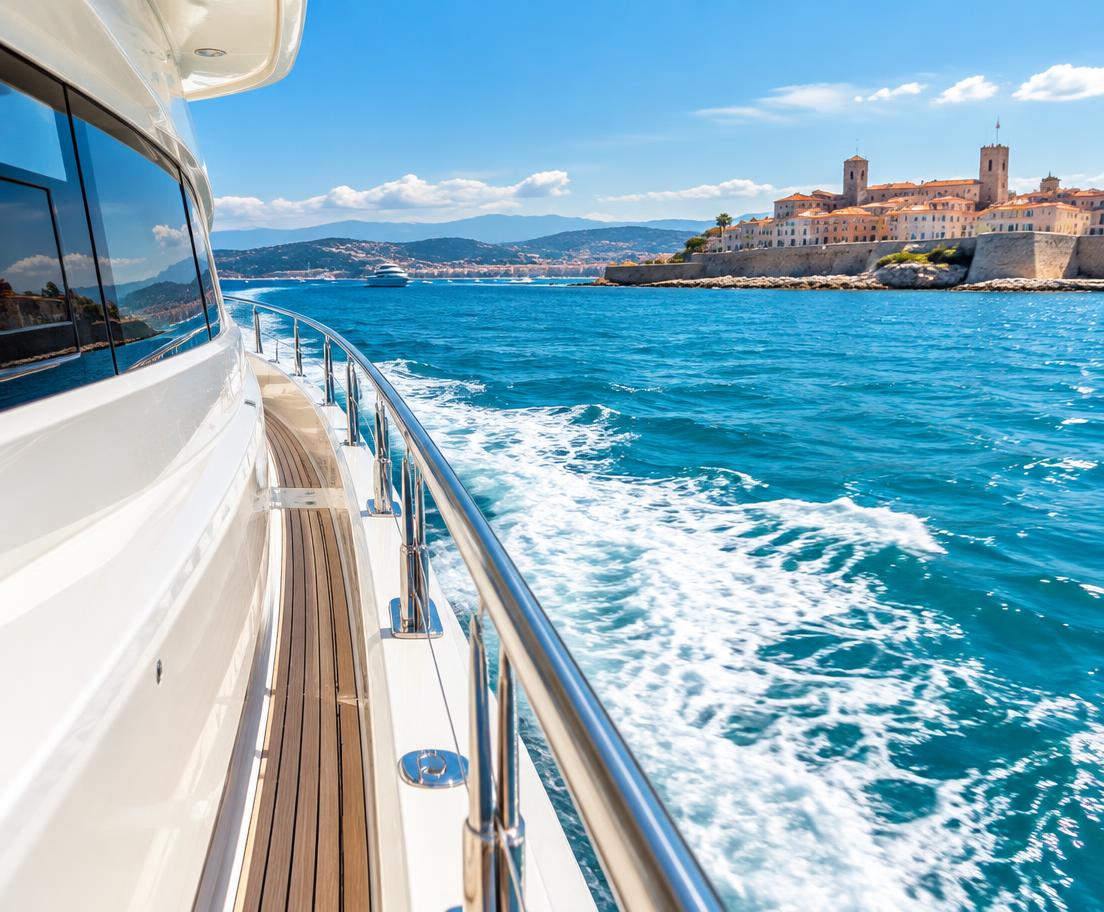 Sunlit yacht deck and Mediterranean wake