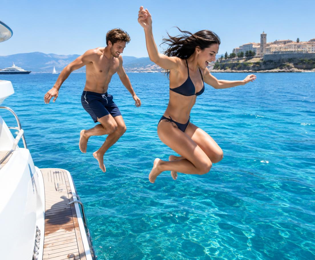 Young crew jumping into turquoise water