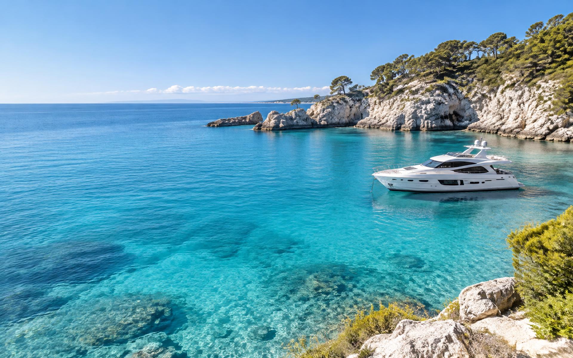 White motor yacht anchored in a clear turquoise Mediterranean cove